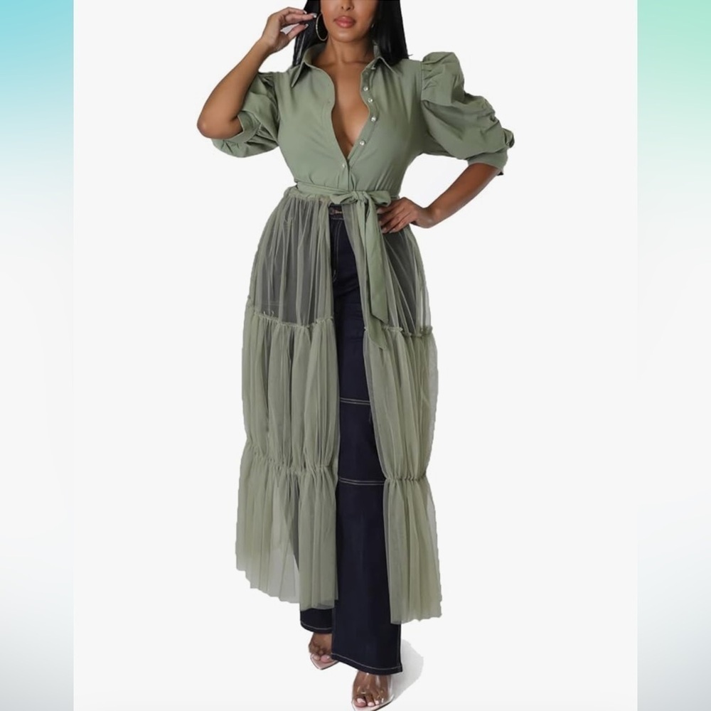 Goodtimeusa Green Pleated Puff Sleeve Chiffon Sheer Max Dress